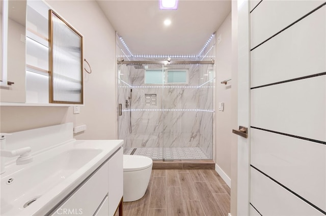 14625 Runnymede St, Van Nuys, CA 91405 - bathroom with vanity, a marble finish shower, and wood finished floors