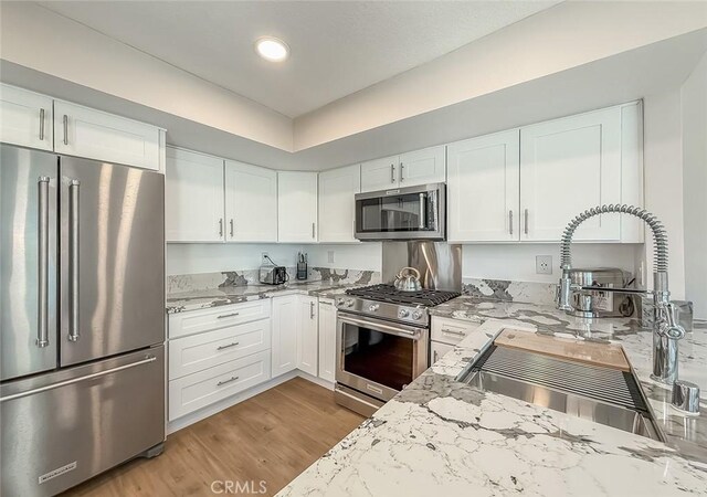 19237 Index St Unit 5, Porter Ranch, CA 91326 - kitchen featuring high quality appliances, light stone countertops, white cabinets, light wood-style floors, and recessed lighting