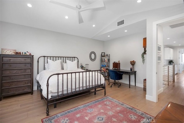 27705 Homestead Rd, Laguna Niguel, CA 92677 - bedroom featuring light wood-style floors, lofted ceiling, an office area, and recessed lighting