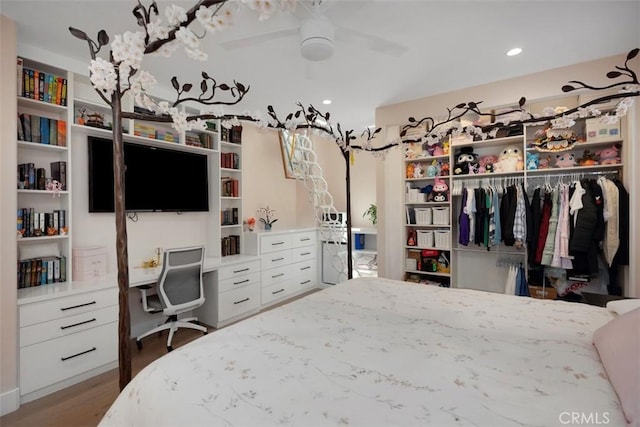 27705 Homestead Rd, Laguna Niguel, CA 92677 - bedroom with a closet, wood finished floors, an office area, recessed lighting, and a ceiling fan