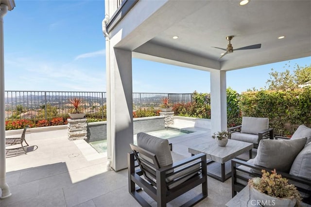 27705 Homestead Rd, Laguna Niguel, CA 92677 - fenced backyard with a patio, an outdoor hangout area, and a ceiling fan