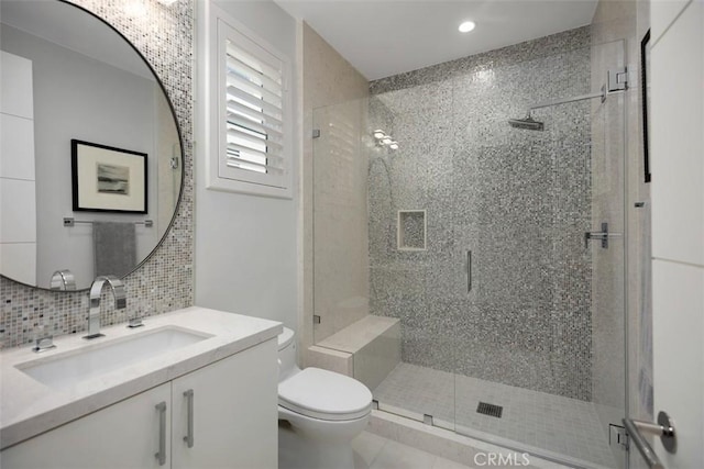 27705 Homestead Rd, Laguna Niguel, CA 92677 - full bathroom featuring a stall shower, vanity, recessed lighting, tasteful backsplash, and tile patterned floors