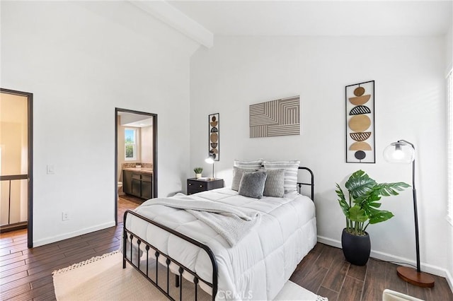 140 E El Norte Pkwy Unit 8, Escondido, CA 92026 - bedroom featuring beamed ceiling, wood finished floors, ensuite bath, and high vaulted ceiling