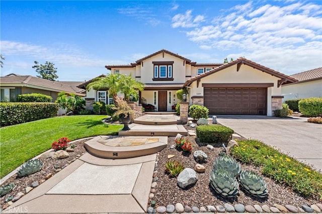 32409 Favara Dr, Temecula, CA 92592 - mediterranean / spanish-style house with stucco siding, a front lawn, a garage, driveway, and a tiled roof