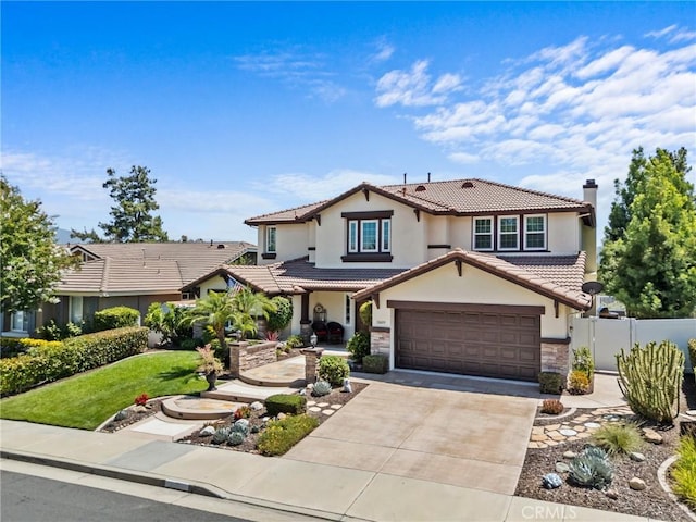 32409 Favara Dr, Temecula, CA 92592 - mediterranean / spanish-style home with stucco siding, a tile roof, concrete driveway, stone siding, and an attached garage