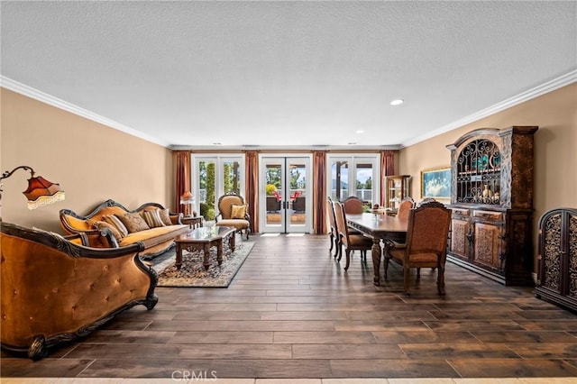 32409 Favara Dr, Temecula, CA 92592 - dining room with hardwood / wood-style floors, ornamental molding, french doors, a textured ceiling, and recessed lighting