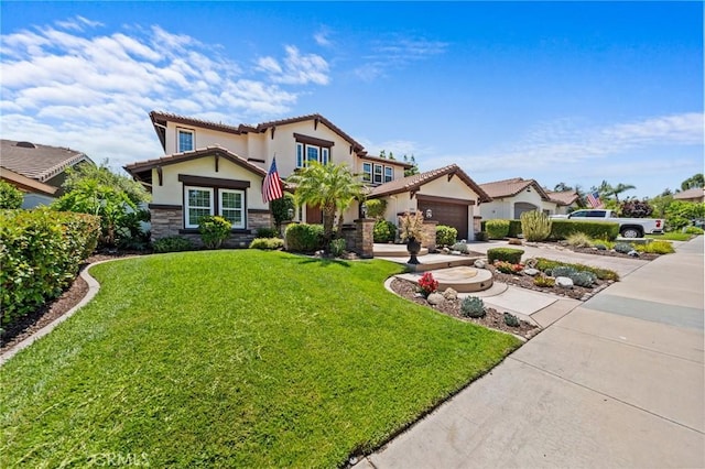 32409 Favara Dr, Temecula, CA 92592 - view of front of home with stucco siding, a front lawn, stone siding, an attached garage, and driveway