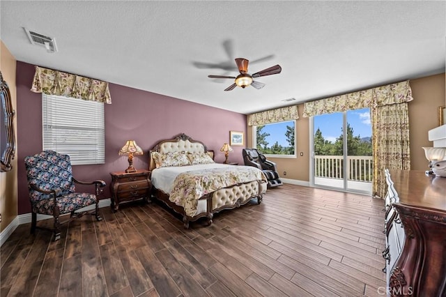 32409 Favara Dr, Temecula, CA 92592 - bedroom with access to outside, wood finished floors, ceiling fan, and a textured ceiling