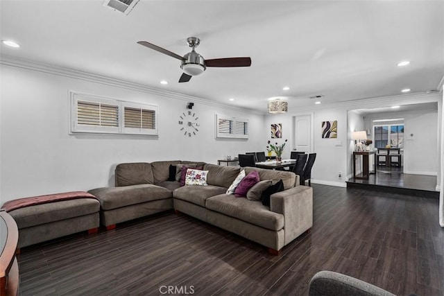 10622 Ashworth St, Bellflower, CA 90706 - living room featuring recessed lighting, a ceiling fan, crown molding, and dark wood-style floors