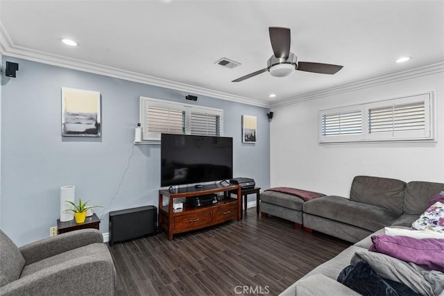 10622 Ashworth St, Bellflower, CA 90706 - living area with a ceiling fan, crown molding, dark wood-type flooring, and recessed lighting