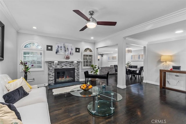 10622 Ashworth St, Bellflower, CA 90706 - living area featuring ceiling fan, wood finished floors, recessed lighting, crown molding, and a tiled fireplace