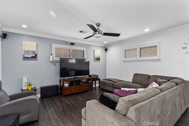 10622 Ashworth St, Bellflower, CA 90706 - living room featuring a ceiling fan, ornamental molding, recessed lighting, and dark wood-type flooring