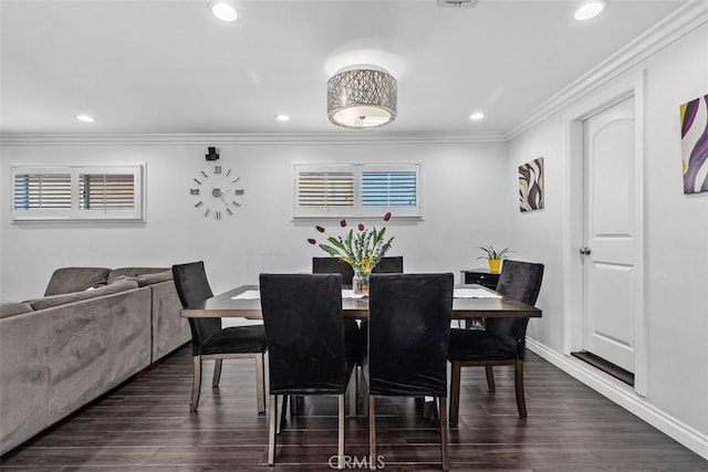 10622 Ashworth St, Bellflower, CA 90706 - dining space featuring ornamental molding, recessed lighting, and dark wood-style floors