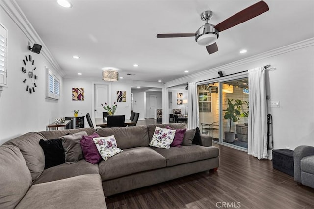 10622 Ashworth St, Bellflower, CA 90706 - living area featuring recessed lighting, ornamental molding, ceiling fan, and dark wood finished floors