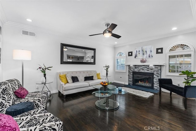 10622 Ashworth St, Bellflower, CA 90706 - living room with ceiling fan, wood finished floors, recessed lighting, a tile fireplace, and ornamental molding