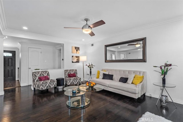 10622 Ashworth St, Bellflower, CA 90706 - living area featuring ceiling fan, wood finished floors, recessed lighting, and ornamental molding
