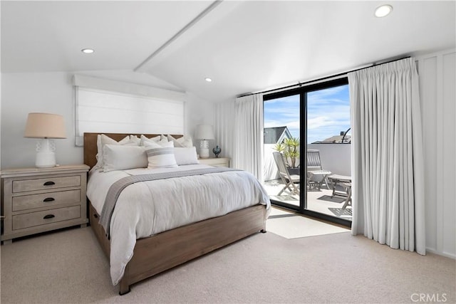 112 30th St, Newport Beach, CA 92663 - bedroom with access to exterior, light colored carpet, lofted ceiling, and recessed lighting