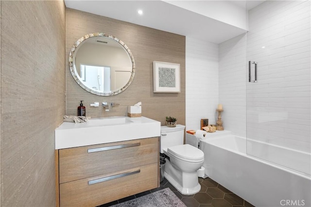 112 30th St, Newport Beach, CA 92663 - bathroom featuring vanity, tile patterned floors, shower / bath combination, and tile walls
