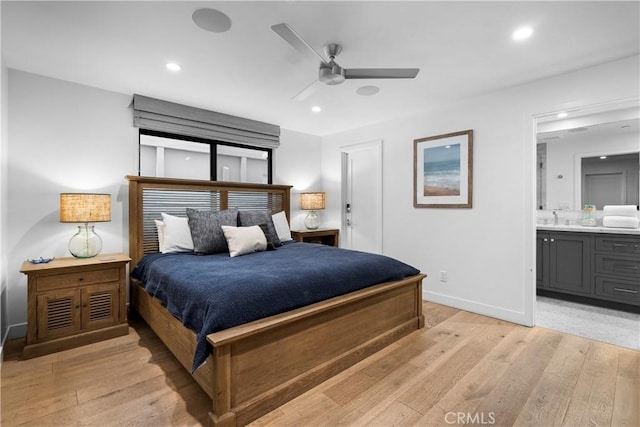 112 30th St, Newport Beach, CA 92663 - bedroom featuring light wood-style floors, ensuite bathroom, recessed lighting, and a ceiling fan