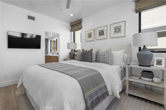112 30th St, Newport Beach, CA 92663 - bedroom featuring multiple windows, recessed lighting, wood finished floors, ensuite bathroom, and ceiling fan