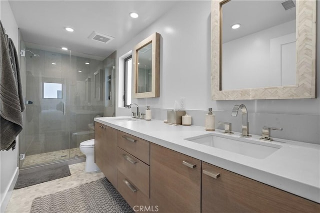 112 30th St, Newport Beach, CA 92663 - full bathroom featuring double vanity, a shower stall, and recessed lighting