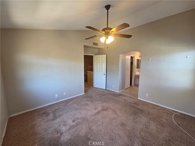 1315 Navello, El Cajon, CA 92021 - unfurnished bedroom featuring arched walkways, carpet, ensuite bathroom, a ceiling fan, and high vaulted ceiling