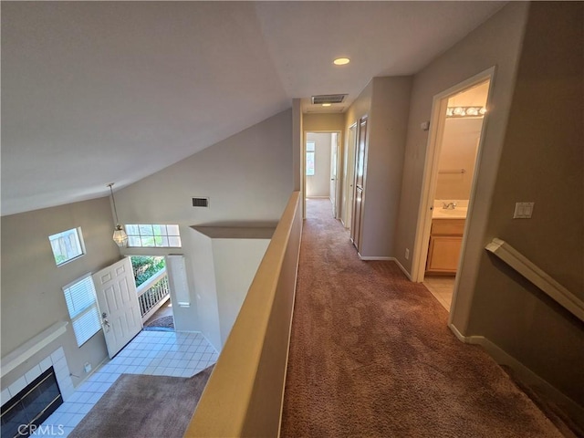 1315 Navello, El Cajon, CA 92021 - hallway with an upstairs landing, carpet flooring, vaulted ceiling, and recessed lighting