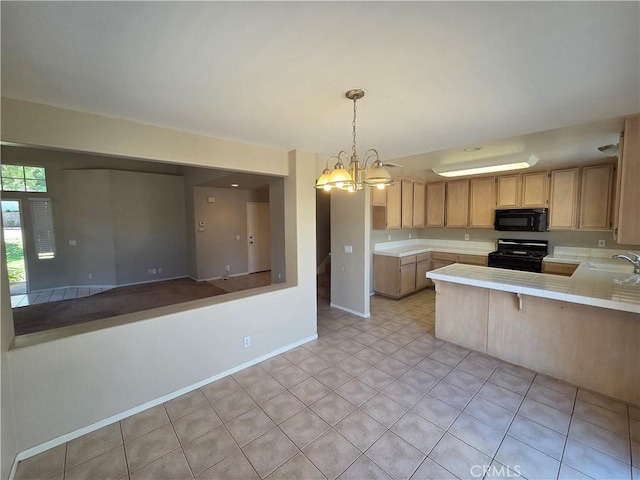1315 Navello, El Cajon, CA 92021 - kitchen with black appliances, tile countertops, a peninsula, decorative light fixtures, and a chandelier