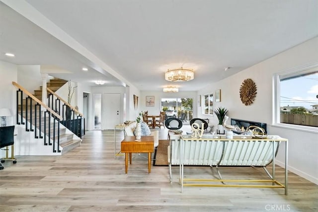 31 N 3rd St, Cayucos, CA 93430 - living room featuring stairway, wood finished floors, a chandelier, and recessed lighting