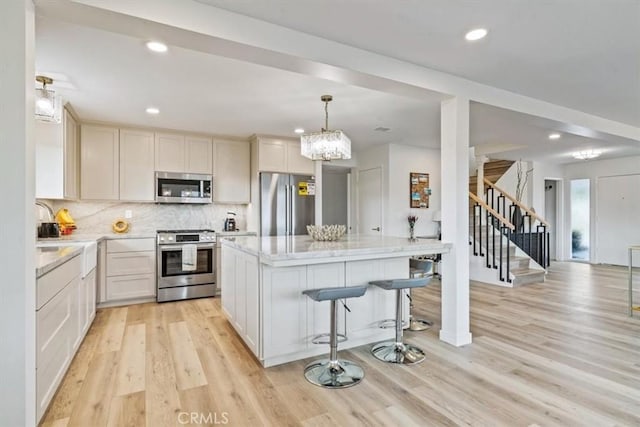31 N 3rd St, Cayucos, CA 93430 - kitchen featuring stainless steel appliances, a center island, light wood finished floors, tasteful backsplash, and recessed lighting