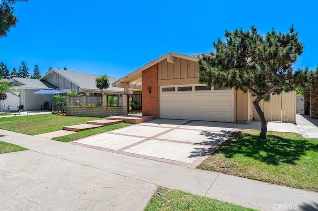 14652 Devonshire Ave, Tustin, CA 92780 - view of front facade with a garage, concrete driveway, brick siding, and board and batten siding