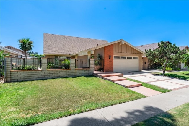 14652 Devonshire Ave, Tustin, CA 92780 - view of front facade with an attached garage, board and batten siding, driveway, brick siding, and roof with shingles