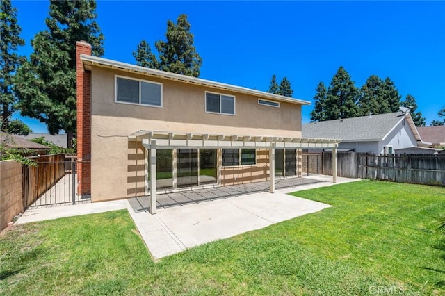14652 Devonshire Ave, Tustin, CA 92780 - rear view of property featuring stucco siding, a pergola, a fenced backyard, a chimney, and a patio area