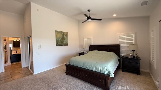 40107 Calle Breve, Temecula, CA 92592 - bedroom featuring carpet, recessed lighting, connected bathroom, a towering ceiling, and a ceiling fan