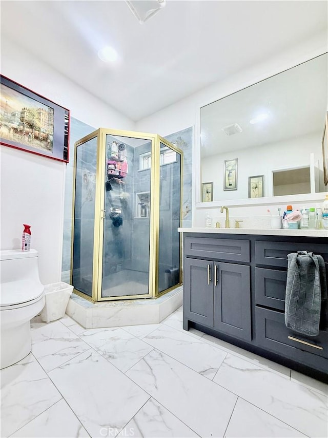 11425 Hayford St, Norwalk, CA 90650 - bathroom with vanity, a shower stall, and marble look tile flooring
