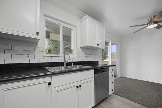 190 Avenida Descanso Unit I, Oceanside, CA 92057 - kitchen featuring dishwasher, crown molding, white cabinetry, a ceiling fan, and backsplash
