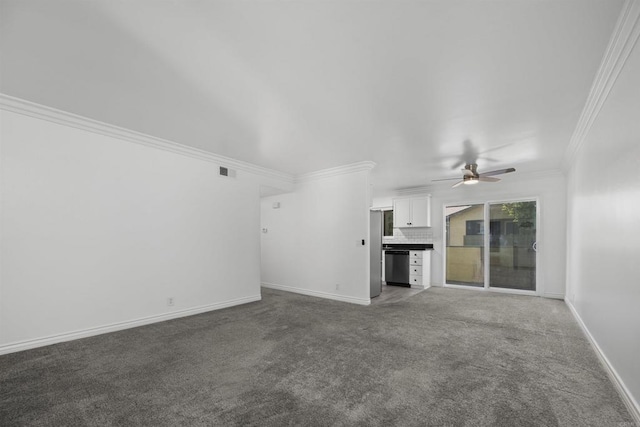 190 Avenida Descanso Unit I, Oceanside, CA 92057 - unfurnished living room with ceiling fan, crown molding, and carpet flooring