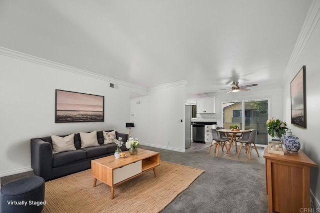 190 Avenida Descanso Unit I, Oceanside, CA 92057 - living room featuring ceiling fan and ornamental molding