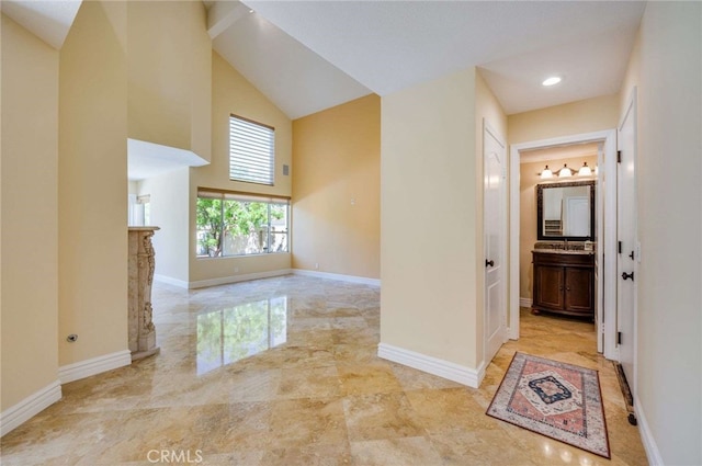 24961 Beachwalk Way, Dana Point, CA 92629 - hall featuring high vaulted ceiling and recessed lighting
