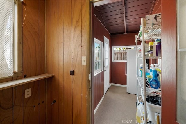 1756 6th St, Los Osos, CA 93402 - hallway with carpet, wooden walls, and wooden ceiling