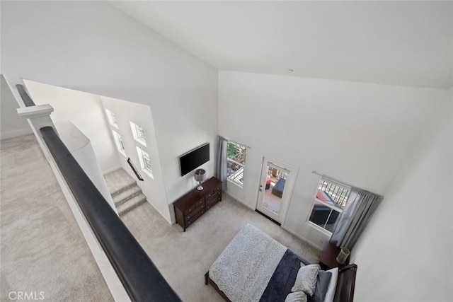 9359 Ranada Cir, Atascadero, CA 93422 - living area featuring carpet flooring and high vaulted ceiling