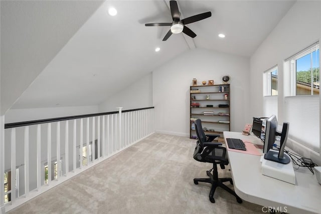 9359 Ranada Cir, Atascadero, CA 93422 - carpeted home office with ceiling fan, vaulted ceiling, and recessed lighting