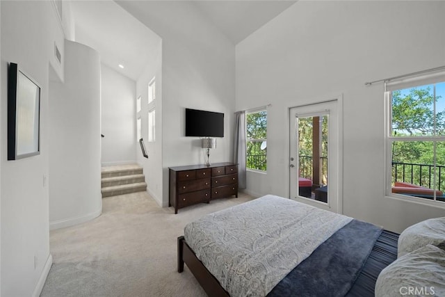 9359 Ranada Cir, Atascadero, CA 93422 - carpeted bedroom featuring access to outside and high vaulted ceiling