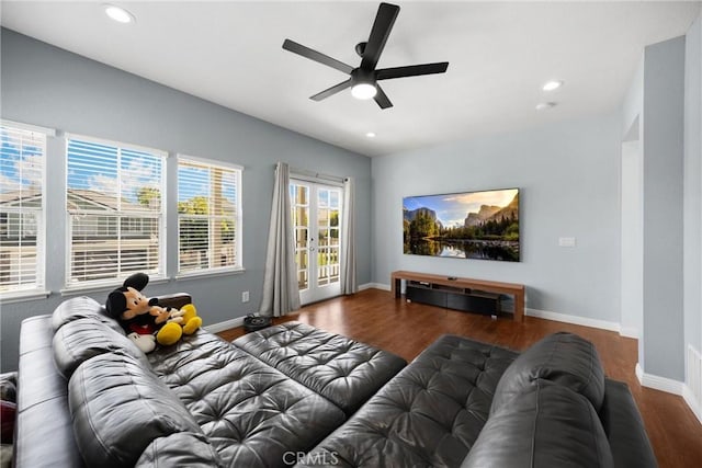 4350 Bennington Ct, Chino, CA 91710 - living area featuring ceiling fan, wood finished floors, and recessed lighting