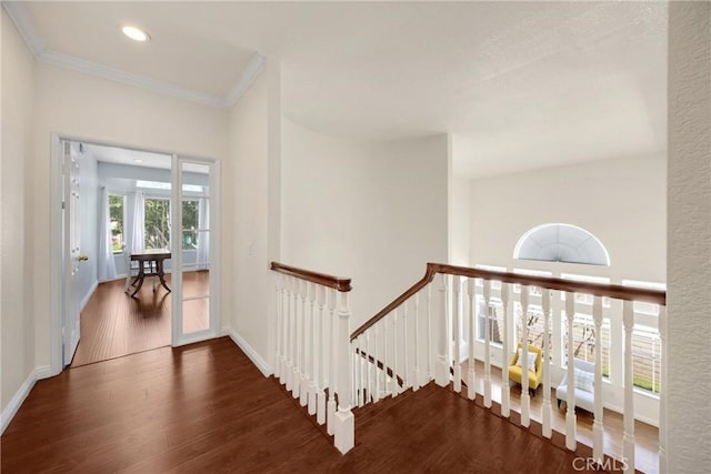 4350 Bennington Ct, Chino, CA 91710 - hall with an upstairs landing, wood finished floors, crown molding, and recessed lighting