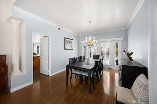 4350 Bennington Ct, Chino, CA 91710 - dining area featuring wood finished floors, a chandelier, crown molding, and decorative columns