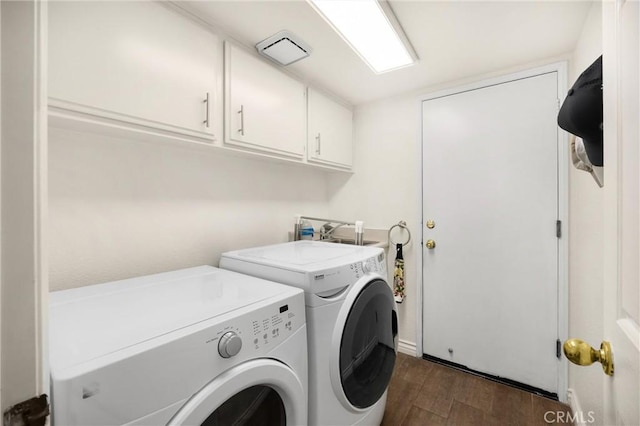 4350 Bennington Ct, Chino, CA 91710 - washroom featuring washing machine and clothes dryer, dark wood-type flooring, and cabinet space