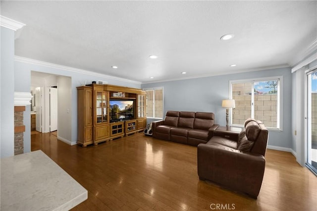 4350 Bennington Ct, Chino, CA 91710 - living room with wood finished floors, crown molding, a fireplace, and recessed lighting