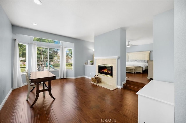 4350 Bennington Ct, Chino, CA 91710 - living area with dark wood finished floors, a fireplace, recessed lighting, and a ceiling fan