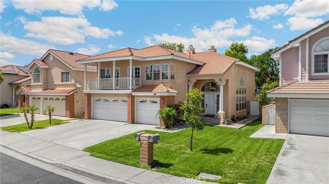 4350 Bennington Ct, Chino, CA 91710 - view of front facade featuring stucco siding, an attached garage, a tiled roof, a chimney, and concrete driveway